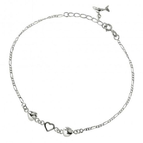 NWT 925 Sterling Fine Silver Hearts Anklet Dangling Dolphin 9"-10" Adjustable