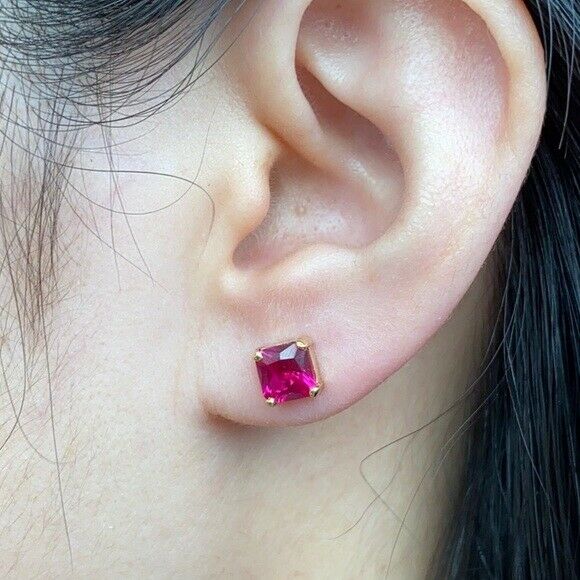 14K Solid Gold Square Shape Red CZ Stud Earrings - Minimalist