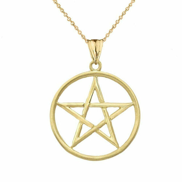 New Fine 10k Solid Gold Satin Finish Elegant Pentagram Pendant Necklace - Yellow