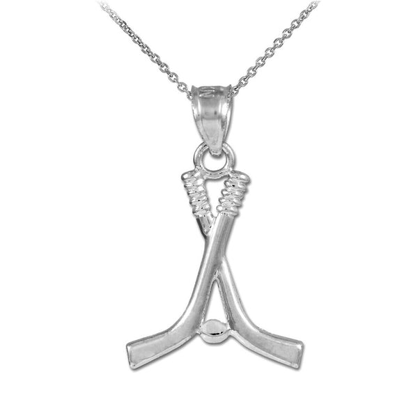 925 Sterling Silver Hockey Sticks and Puck Silver Charm Sports Pendant Necklace