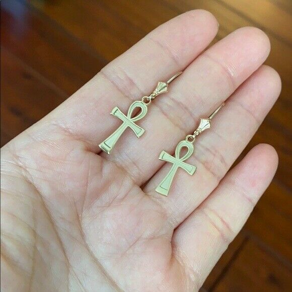 14k White Gold Ancient Egyptian Ankh Cross Drop / Dangle Leverback Earrings