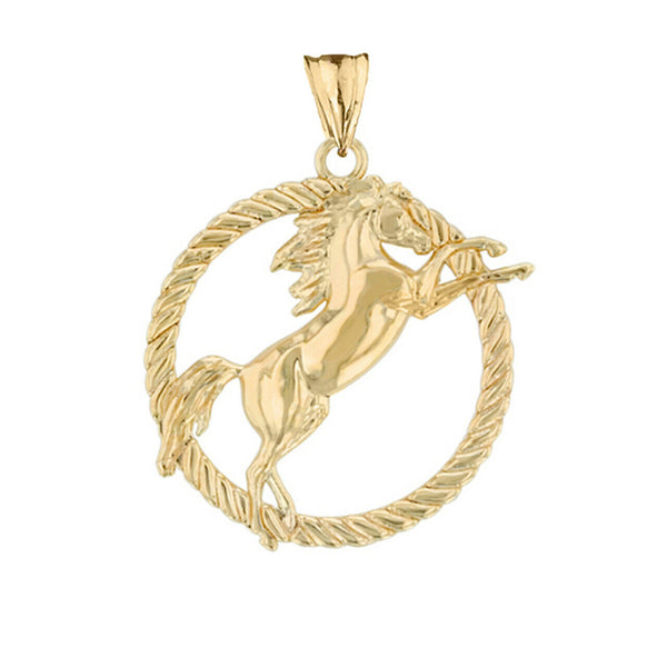10K Solid Yellow Gold Stallion Horse Rope Pendant Necklace