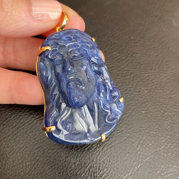14K Real Solid Gold Carving Jesus Sodalite Christ Head Pendant Charm Large