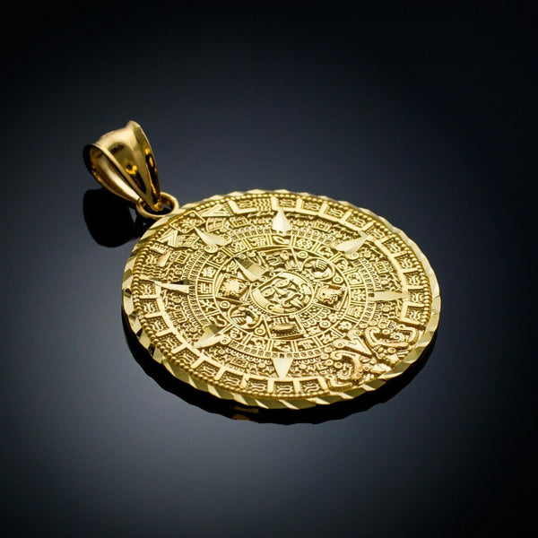 14K Yellow Gold Aztec Mayan Mexico Sun Calendar Pendant - Small, Medium, Large