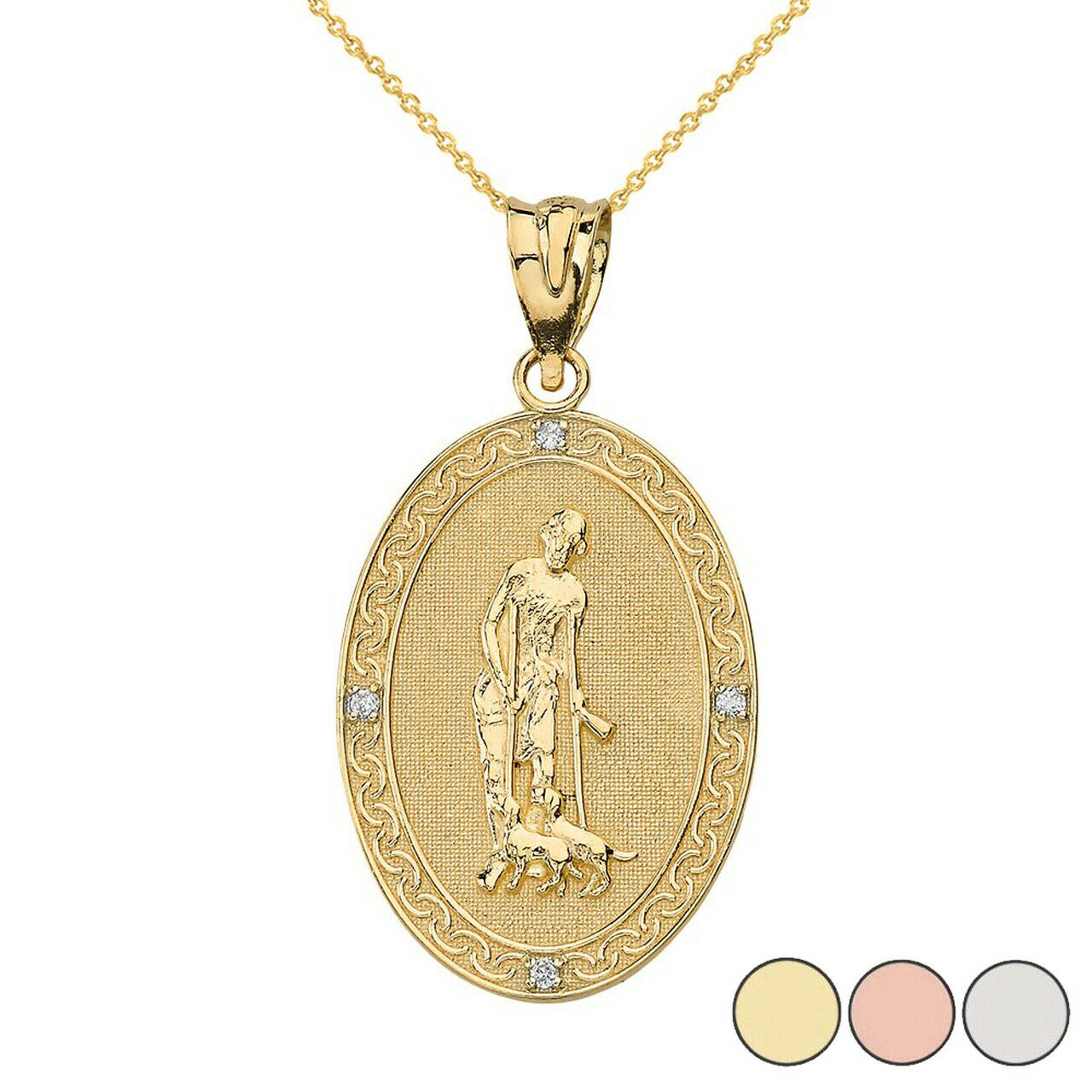 14k Solid Gold Saint Lazarus Engravable Oval Medallion Diamond Pendant Necklace