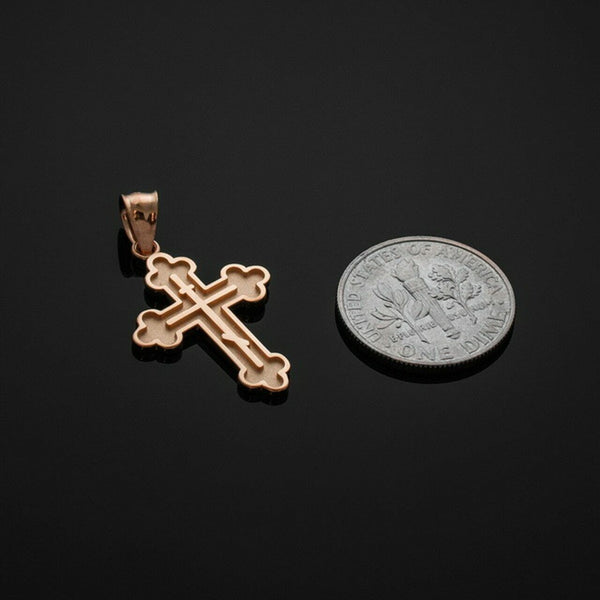 10k Solid Rose Gold Eastern Orthodox Christian Cross Charm Pendant Necklace