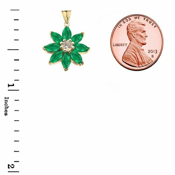 Solid 14k Yellow Gold Genuine Emerald and Diamond Daisy Pendant Necklace