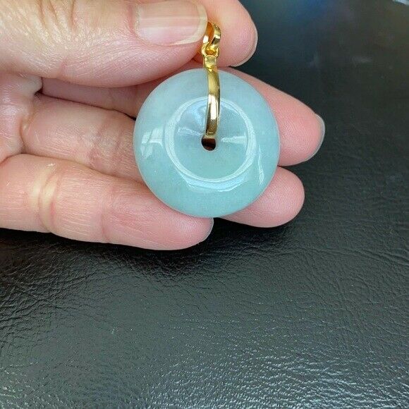 14K Solid Fine Real Yellow Gold Round Donut Natural Jadeite Jade Pendant