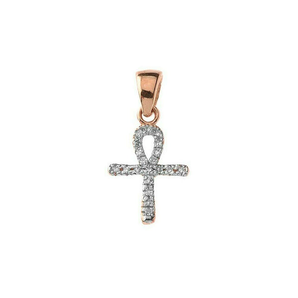 10k Solid Rose Gold Mini Diamond Ankh Cross Pendant Necklace - Minimalist