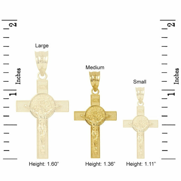10K Solid Yellow Gold Medium St. Benedict Crucifix Cross Pendant Necklace 1.36"
