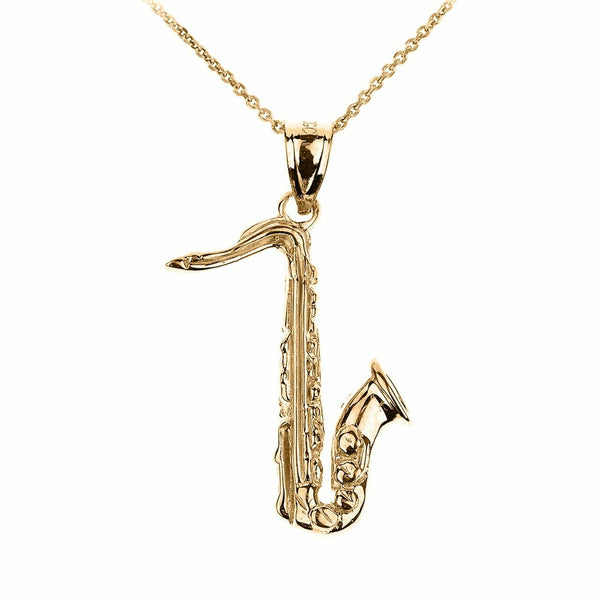 14k Yellow Gold Saxophone 3D Pendant Musical Chorus Band Instruments Necklace
