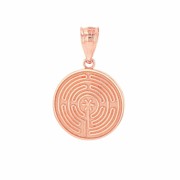 Solid 14k Rose Gold Maze Chartres Labyrinth Disc Medallion Pendant Necklace