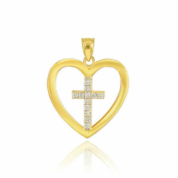 10k Solid Yellow Gold Open Heart 12 Diamonds Cross Enclosure Pendant Necklace
