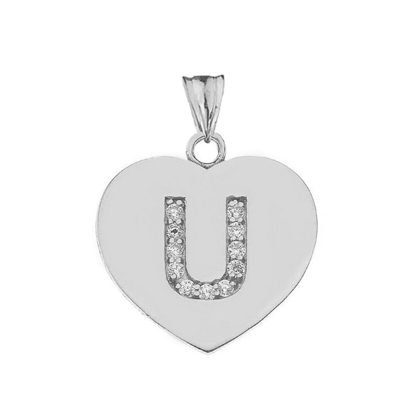 925 Sterling Silver CZ Initial Letter U Heart Pendant Necklace - 16" 18" 20" 22"