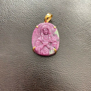 14K Solid Real Gold The Blessed Virgin Mary Carving Natural Ruby Pendant