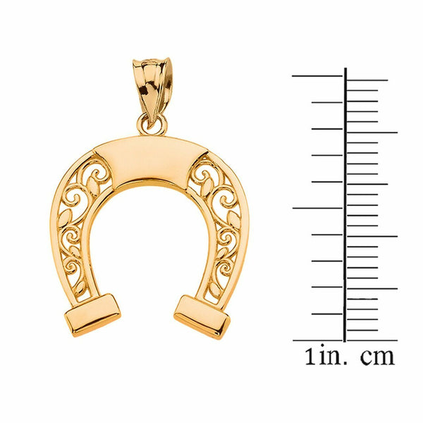 14k Solid Yellow Gold Open Filigree Arc Horseshoe Luck Pendant Necklace