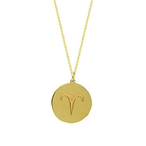 14K Solid Yellow Gold Organic Disk Engraved Aries Zodiac Pendant Necklace