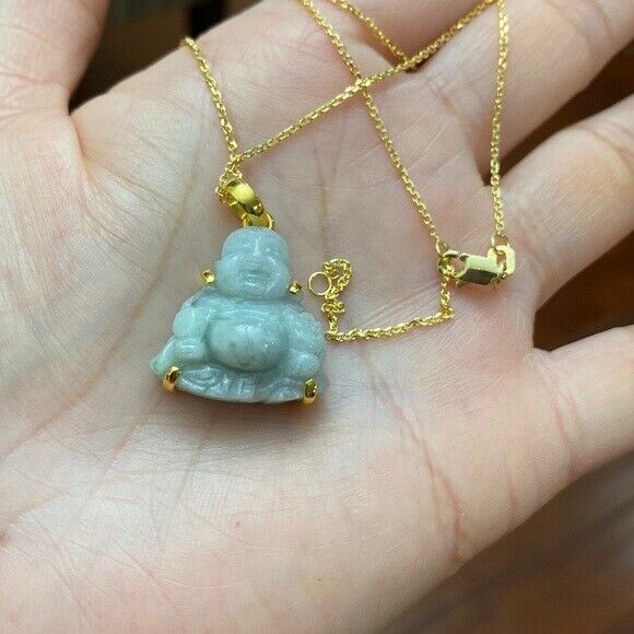14K Solid Gold Buddhist Laughing Buddha Natural Jade Pendant Necklace Small Kid