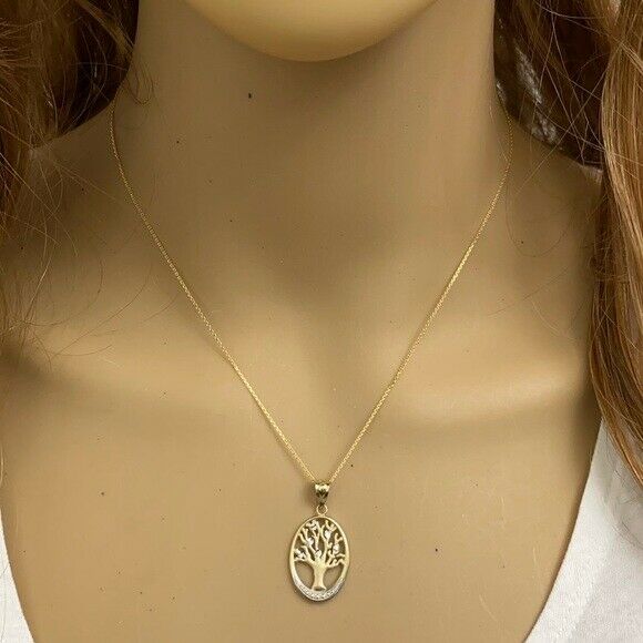 10K Solid Yellow Gold Tree Of Life Oval Charm Pendant Necklace 16" 18" 20" 22"