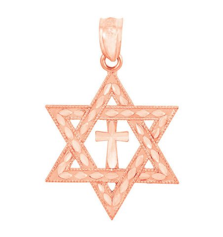 Solid 14k Rose Gold Jewish Star of David Cross Pendant Charm Necklace Judaica