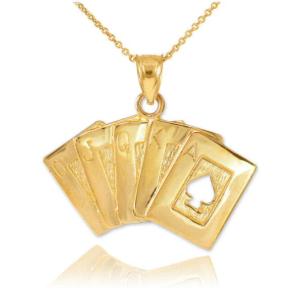 14k Solid Gold Royal Flush Pendant Necklace Ace Of Spade A K Q J 10 Poker Cards