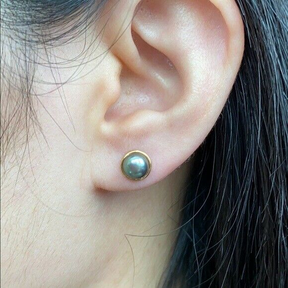 14K Solid Yellow Gold Dark Gray Pearl Stud Earrings - Minimalist
