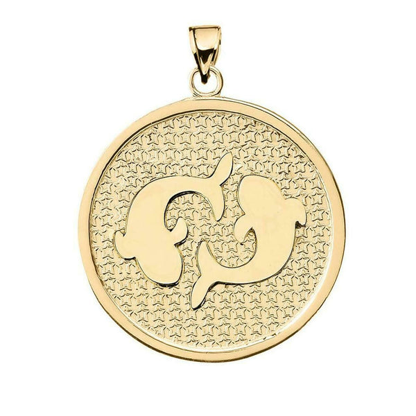 10K Solid Gold Pisces Zodiac Sign Disc Round Pendant Necklace 16" 18" 20" 22"