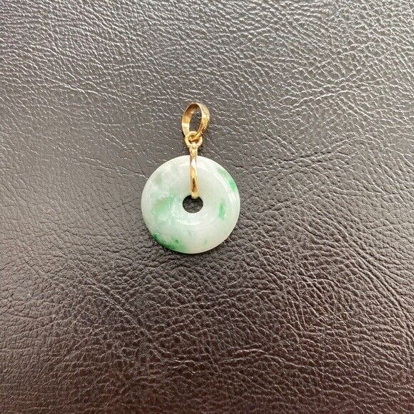 14K Solid Yellow Gold Small Round Donut Natural Jade Pendant Necklace