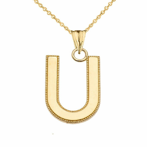 10k Solid Gold Small Milgrain Initial Letter U Pendant Necklace Personalized