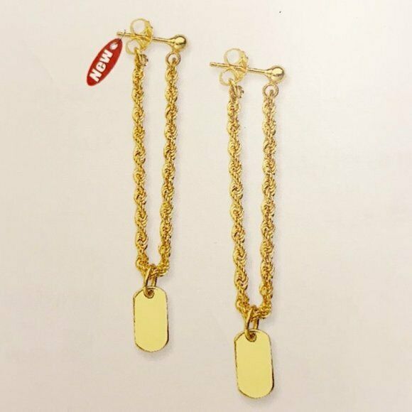14K Solid Yellow Gold Front to Back Rope Chain Dog Tag Dangle Post Earrings -