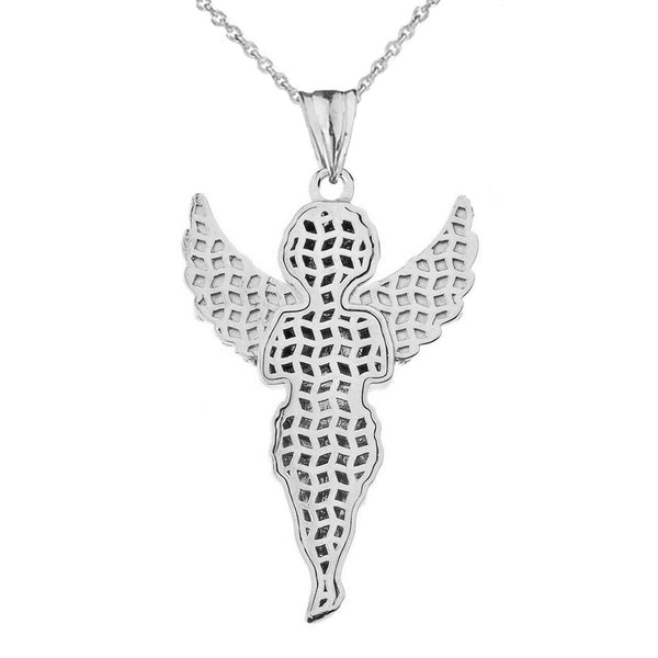 10k Solid White Gold Angel CZ Religious Pendant Necklace