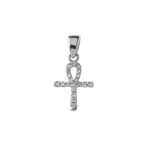 14k Solid White Gold Mini Diamond Ankh Cross Pendant Necklace - Minimalist