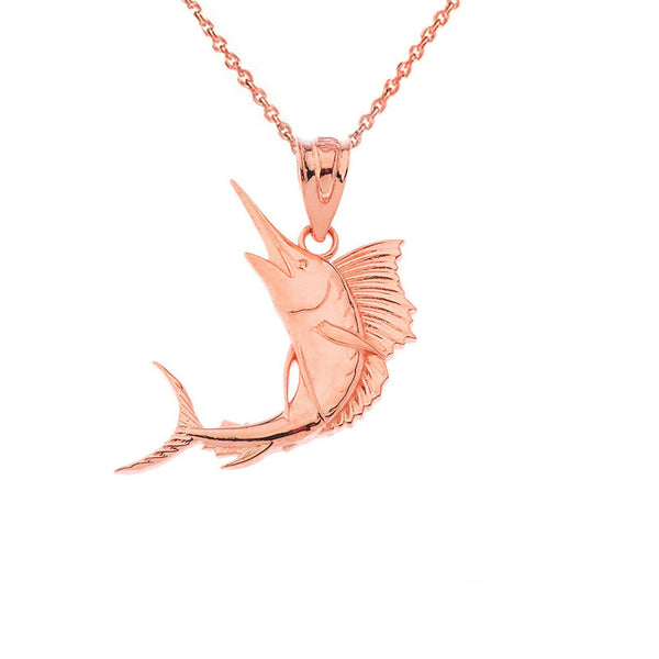 14K Solid Gold Swordfish Pendant Necklace - Yellow, Rose, or White Gold