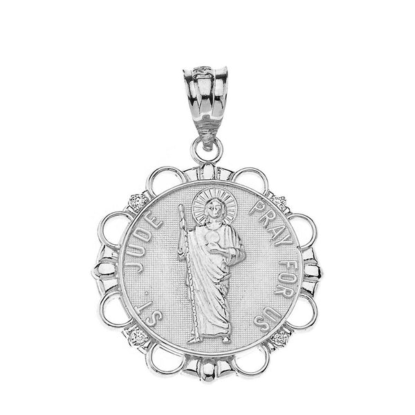925 Sterling Silver CZ St. Saint Jude Pray For Us Circle Pendant Necklace