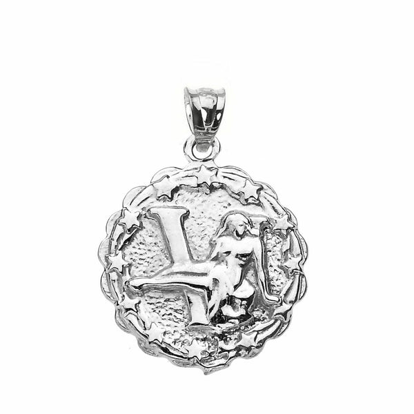 925 Sterling Silver Virgo September Zodiac Sign Round Pendant Necklace