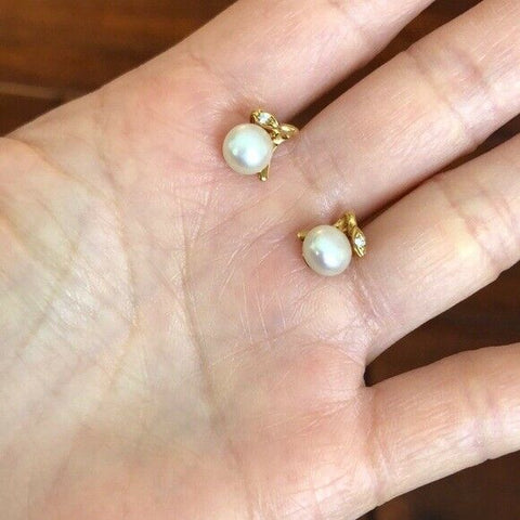 Small 14K Solid Yellow Gold FreshWater White Pearl Screw Back Earrings