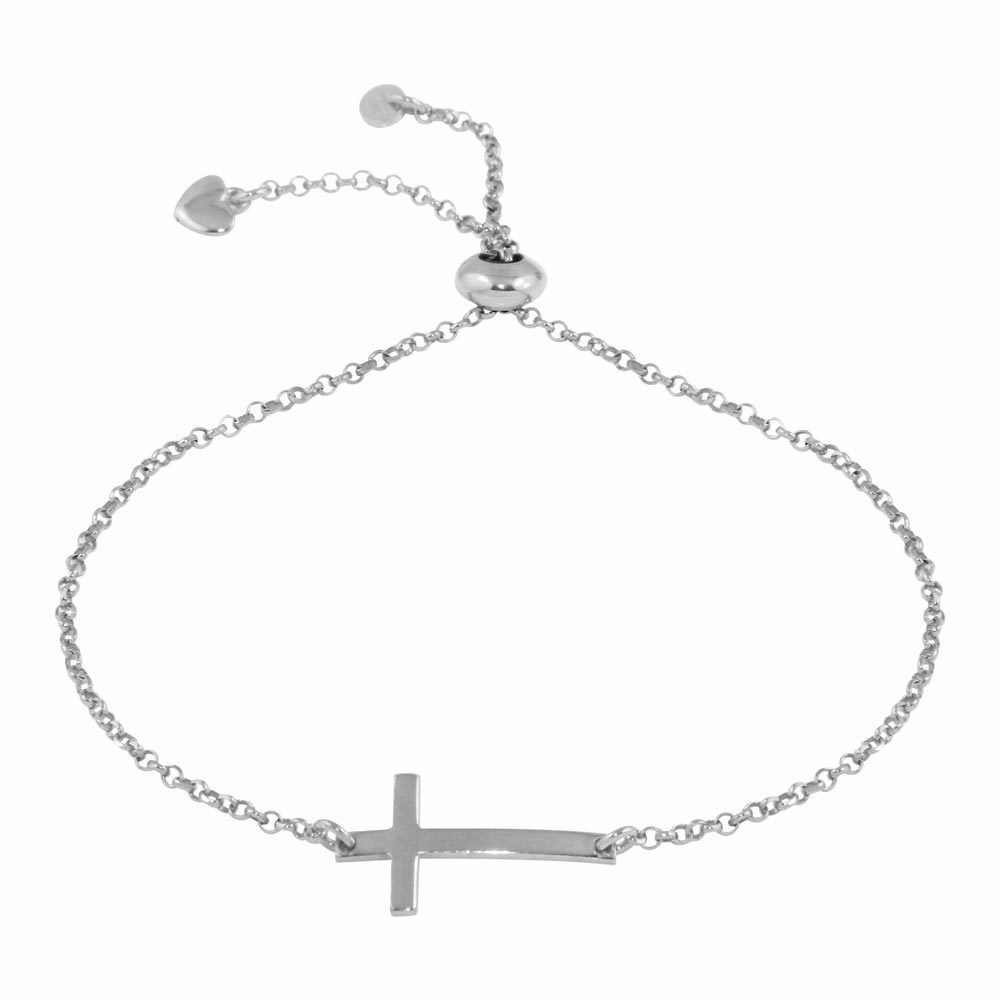 Sterling Silver 925 Rhodium Plated Horizontal Cross Bracelet with Heart 7"-8"