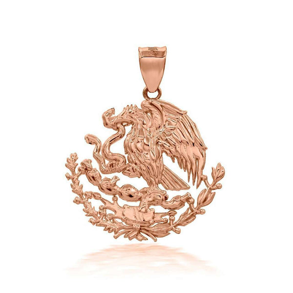 14K Solid Yellow Gold Mexico Mexican Eagle Coat Of Arms Pendant Necklace