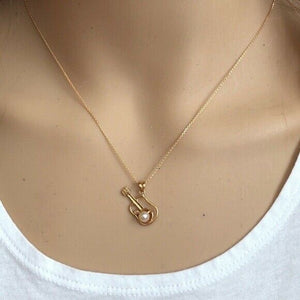 14K Solid Gold Small Pearl Guitar Music Pendant /Charm Dainty Necklace 16", 18"