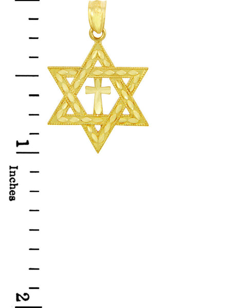 Solid 10k Yellow Gold Jewish Star of David and Cross Pendant Charm Necklace