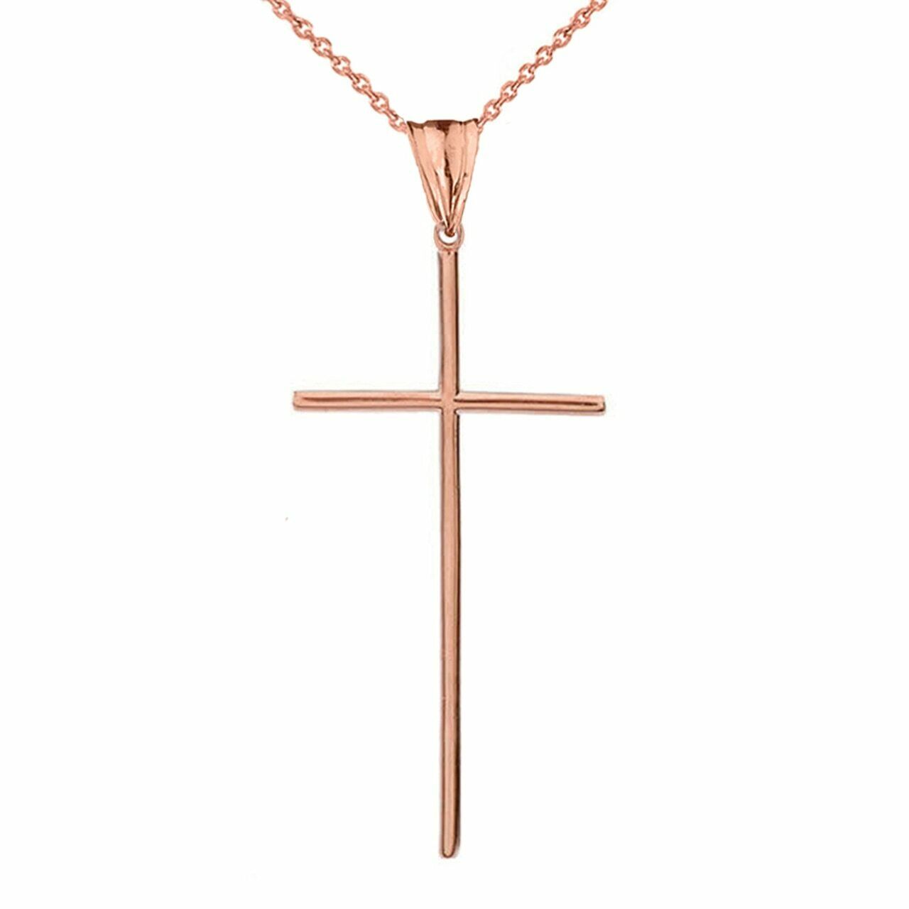 10k Solid Real Rose Gold Dainty Thin Long Simple Cross Pendant Necklace