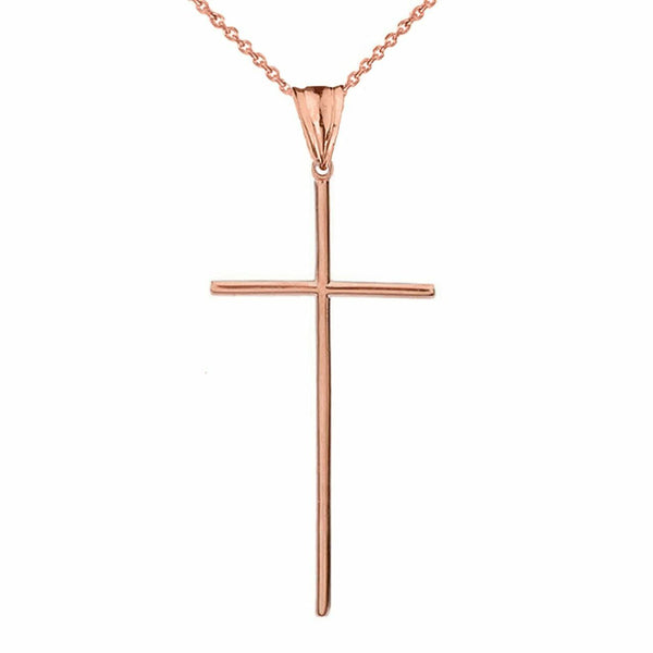 10k Solid Real Rose Gold Dainty Thin Long Simple Cross Pendant Necklace