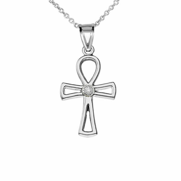 10k 14k Solid Gold Diamond Ancient Egyptian Ankh Cross Openwork Pendant Necklace