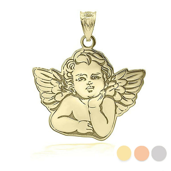 Personalized Name 10k 14k Solid Gold Cherub Guardian Angel Pendant Necklace