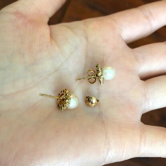 Small 14K Solid Yellow Gold Pearl CZ Stud Earrings