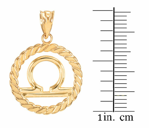 14K Solid Gold Libra Zodiac Sign in Circle Rope Pendant Necklace