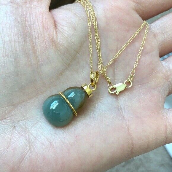 14K Solid Gold Natural Real Jade Gourd Bottle Pendant Necklace -Minimalist