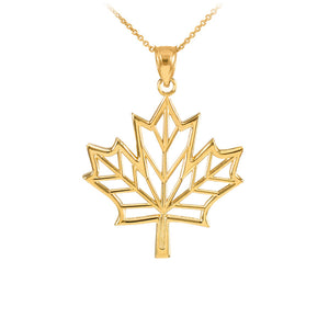 14K Solid Yellow Gold Open Design Maple Leaf Pendant Necklace