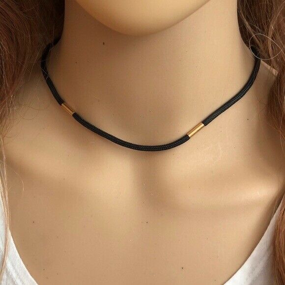 14K Solid Gold Black Cord String Chain Necklace 16", 18" !4K Gold Clasp W. 3mm