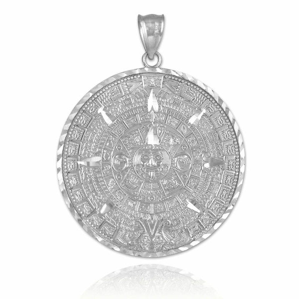 10K White Gold Aztec Mayan Mexico Sun Calendar Pendant - Small, Medium, Large